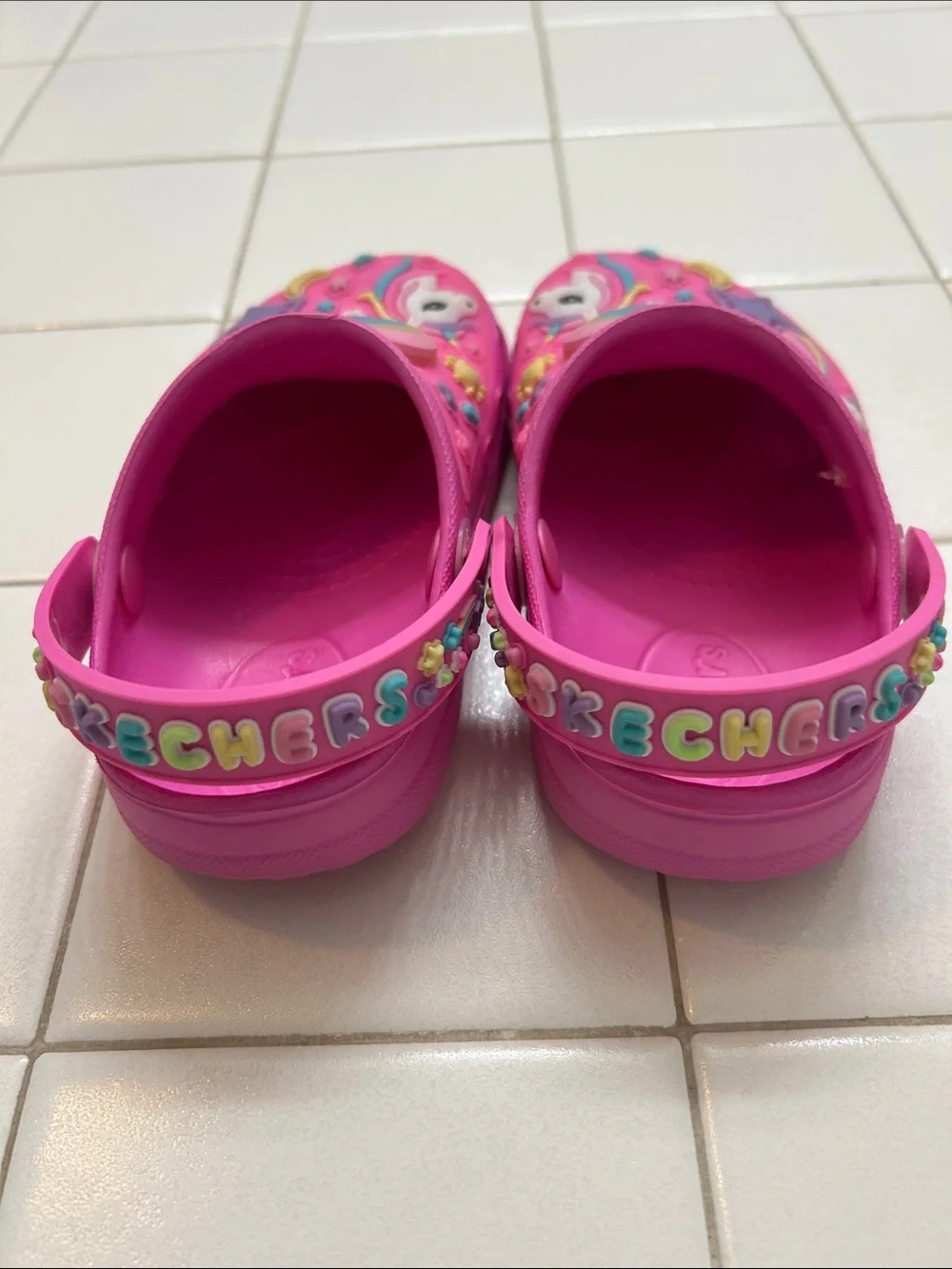 Skechers Bright Pink Kids Unicorn Clog Sandals with Rainbow Hearts - light up